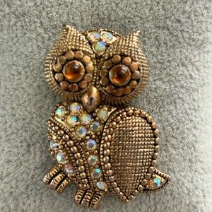 Gold Tone Owl Brooch Pin w/ AB Rhinestones & Amber Eyes | Statement